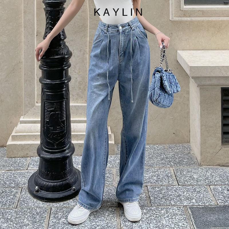 Quần jean nữ ống suông form rộng xếp li phối Belt Jean phong cách KAYLIN - N2068 | Denim Women Pants Baggy Có Túi