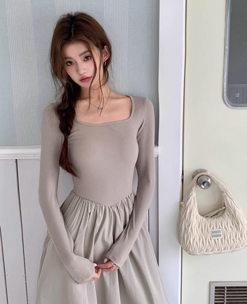 Product Introduction of French Hepburn style long sleeve square neck bottoms dress WOMEN'S autumn 2024 new high-grade elegant inner match long dress Casual Womenswear 2