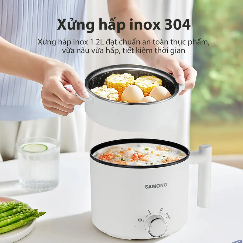 ( BH 1 năm) Samono Nồi Điện Đa Năng Hotpot 1,5L Kèm Xửng Hấp và Nắp Kính 150 Watt SW-DG04S Lòng hấp Inox 4