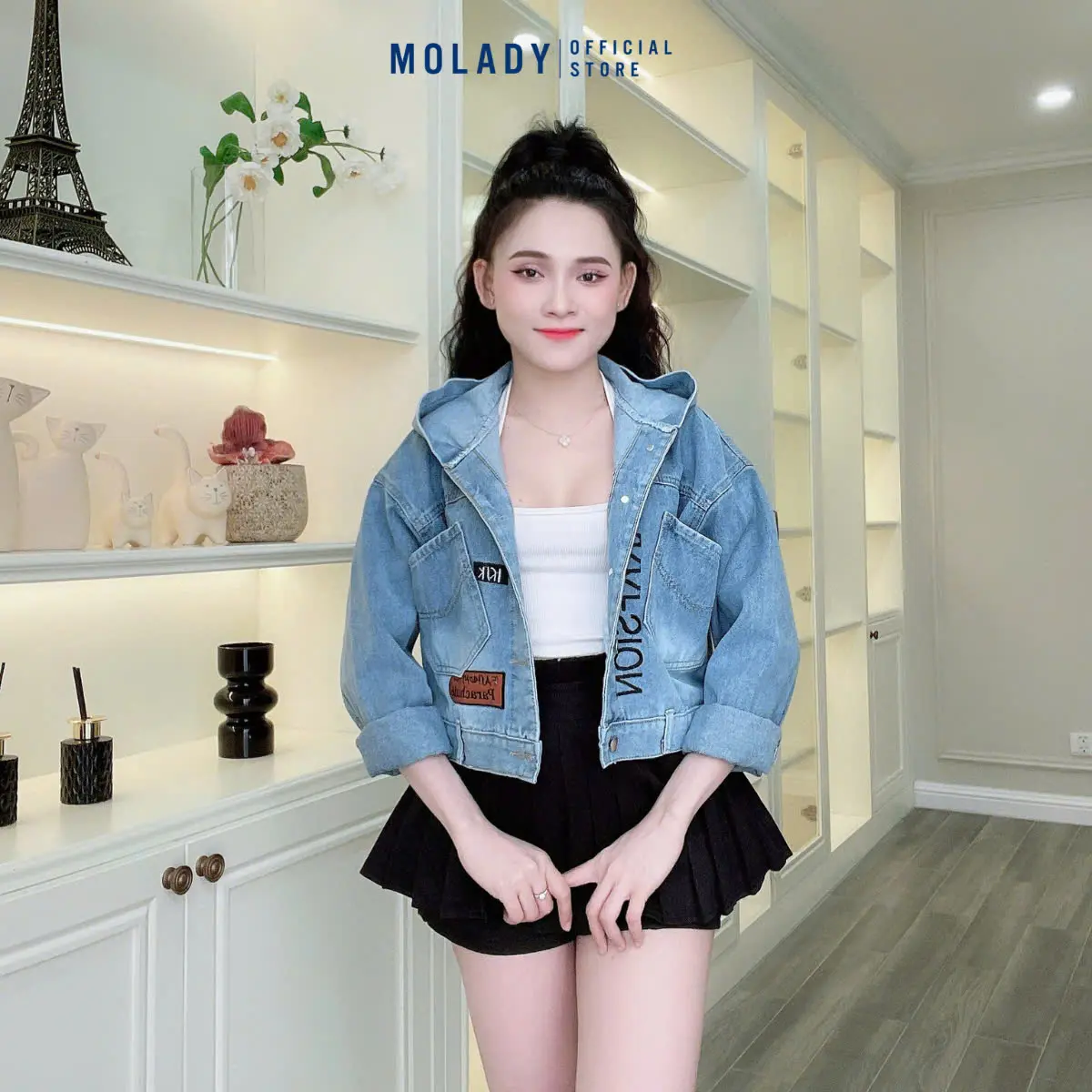 Áo Khoác Jean Nữ MOLADY K55 Thiết Kế Phối Da Sang Chảnh Top Jacket Cotton
