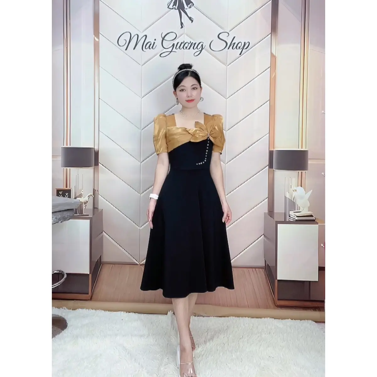 Mai Gương Shop V3385 Váy Thiết Kế Dáng Xòe Công Sở Dự Tiệc Phối Voan Tơ Sang Trọng