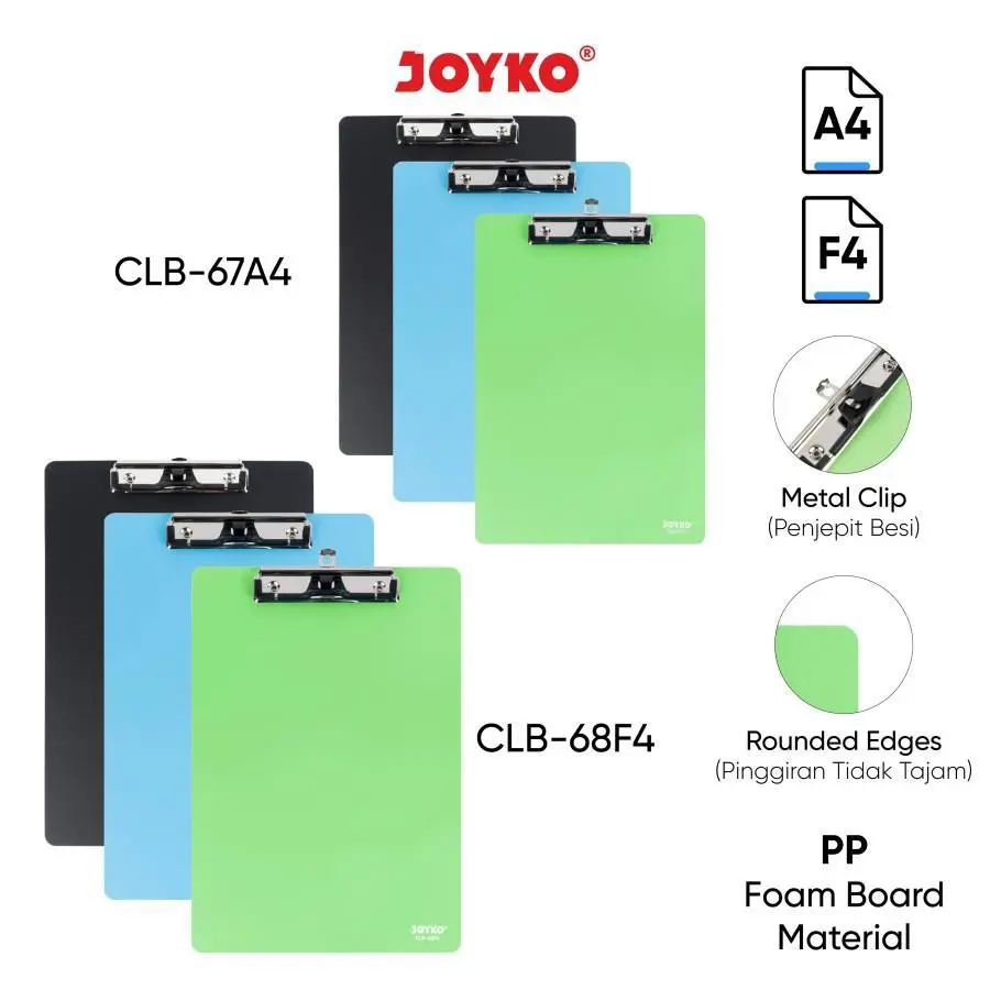 JOYKO CLIPBOARD A4~F4  CLB-67~68 | PAPAN DADA POLOS BAHAN PP FOAM BOARD | ALAS UJIAN