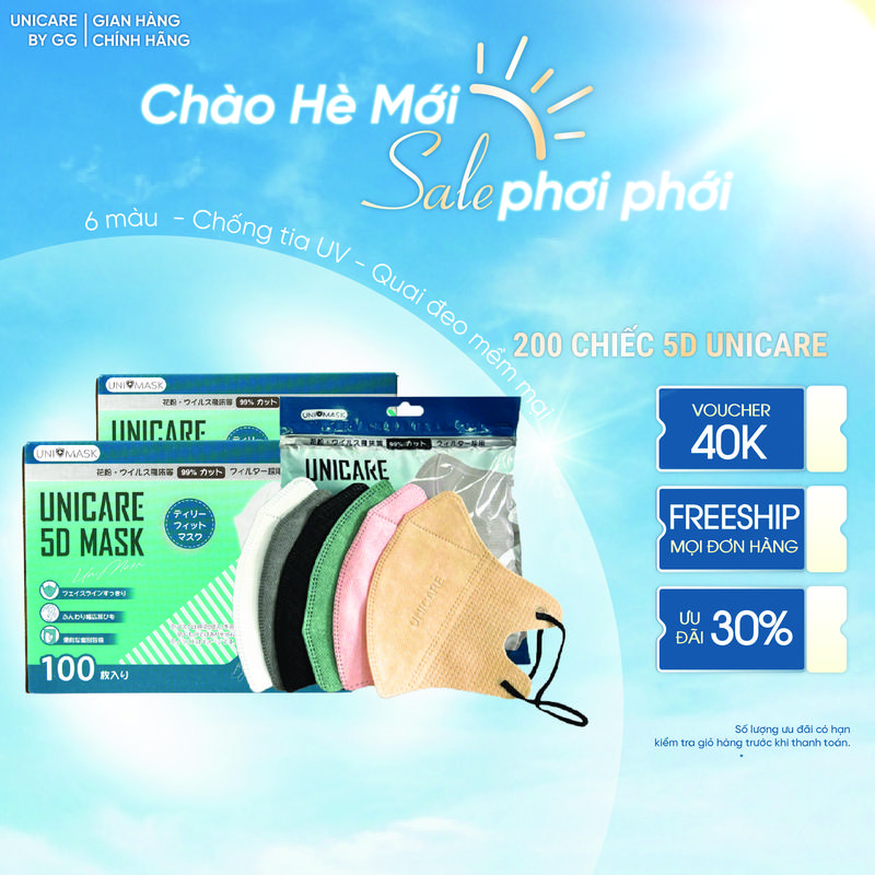 LỌC BỤI BẨN Khẩu Trang 5D Unicare - Thùng 200 Cái | 3 Lớp Lọc Bụi Mịn ≥99% | Dây Đeo Mềm | Vải Cotton Không Dệt | Siêu Thoáng Khí