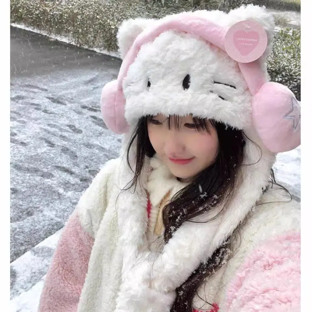 Mũ Mèo, Phụ Kiện Khăn Quàng Cổ Tích Hợp, Nữ Mùa Thu Và Mùa Đông, Hello Kitty Nhồi Bông Dễ Thương Và Dễ Phối Đồ, Chu Vi Đầu Lớn, Lót Lông Cừu Mùa Đông, Dày Dặn Nón Hat Women Cap