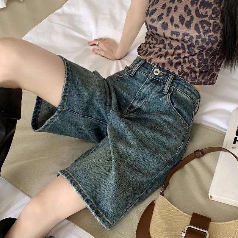 Quần Short Denim Ống Đứng Giặt Cổ Điển Quần Nữ Cạp Cao Ôm Dáng Rộng Làm Cũ Quần Mỏng Mùa Hè Ống Rộng Ong Women 2