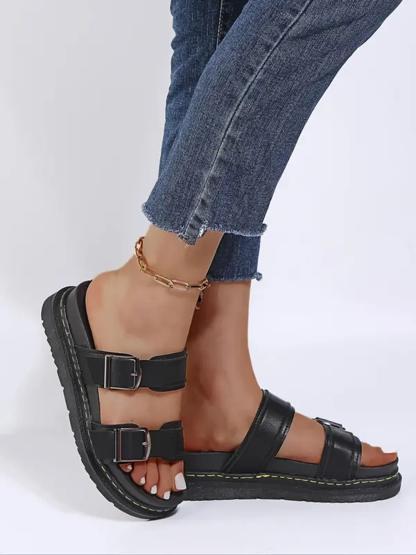 Women's Fashionable Plain Color Buckle Decorated Flat Sandals, Casual Comfortable Sandals for Summer, Lightweight Breathable Shoes for Daily Wear, Girl 7