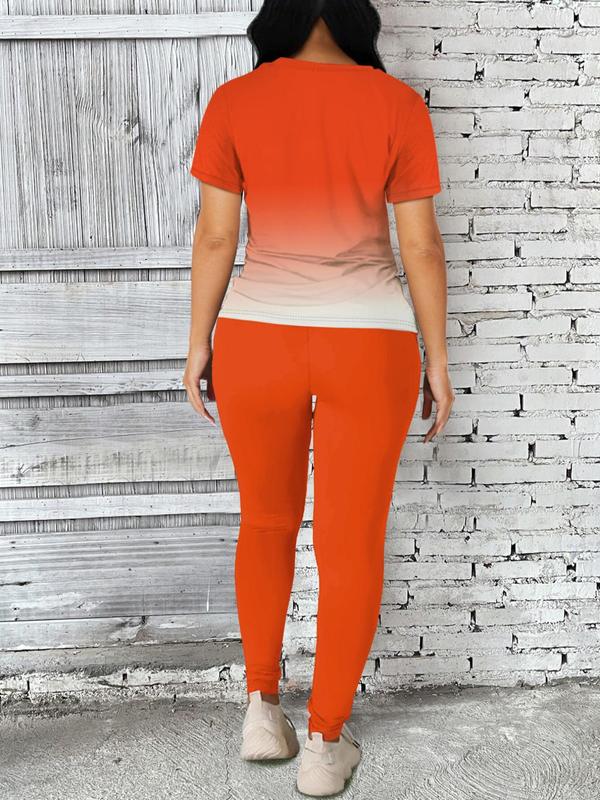 Women's Ombre Letter Print Short Sleeve Tee & Leggings Set, Casual Round Neck T-Shirt & Skinny Pants For Daily Wear, Ladies Two-Piece Outfits For All Seasons 7