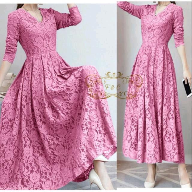 COD DRESS CASSIE/MAXI DRESS KONDANGAN BRUKAT LAPIS FURING Brokat Casual Baju Maxi Wanita lengan Panjang Pesta 5