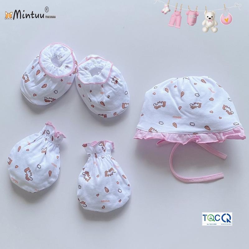 Set mũ bèo cột dây, bao tay chân cuốn biên in hoạ tiết xinh xắn cho bé, thương hiệu Mintuu chất liệu 100% Cotton 9034 Voi Len Ống Loe