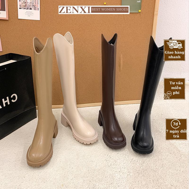 Bốt đùi cổ V đế bệt 7cm da mềm khóa sau cao cấp