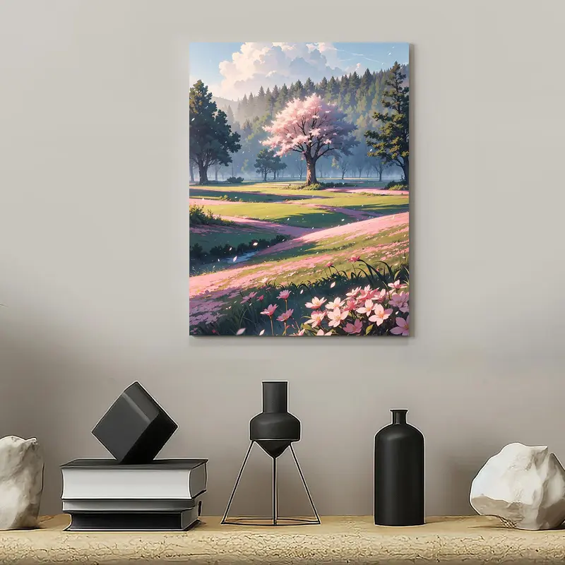 Spring Cherry Blossoms Landscape Pattern Painting with Frame, Creative Wall Art Poster, Wall Art Decor for Home Living Room Bedroom 4