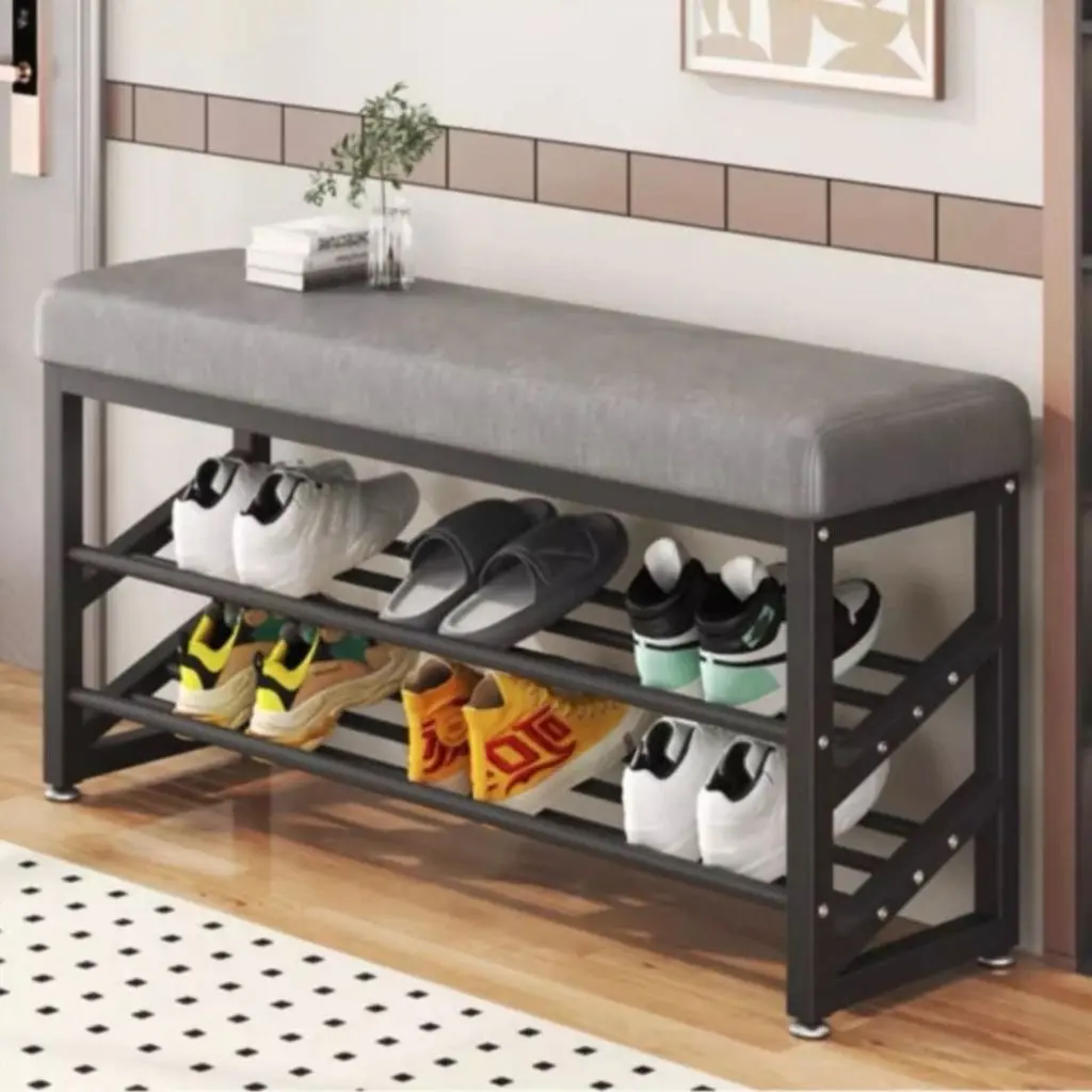 ￼Kệ Để Giày, Tủ Giày Khung Sắt Có Nệm Da Kiêm Ghế Ngồi Tiện Lợi Kích Thước 80x52x30cm