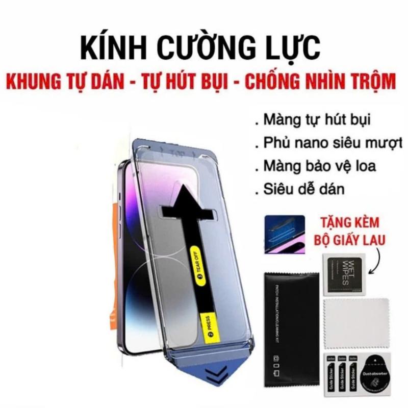 Kính Cường Lực Tự Rút Bụi Khung Tự Dán Chống Nhìn Trộm iphone X xs XsMax ip 11 12 13 14 15 16 pro plus proMax