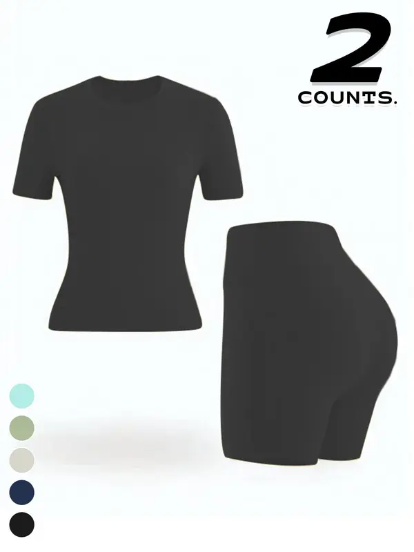 Two-piece Set Women's Solid Color Tee & High Waist Skinny Shorts Tracksuit Set, Sporty Casual Breathable Set for Yoga Gym Workout Running, Ladies Summer Sportswear, Activewear, Workout Sets Women 2
