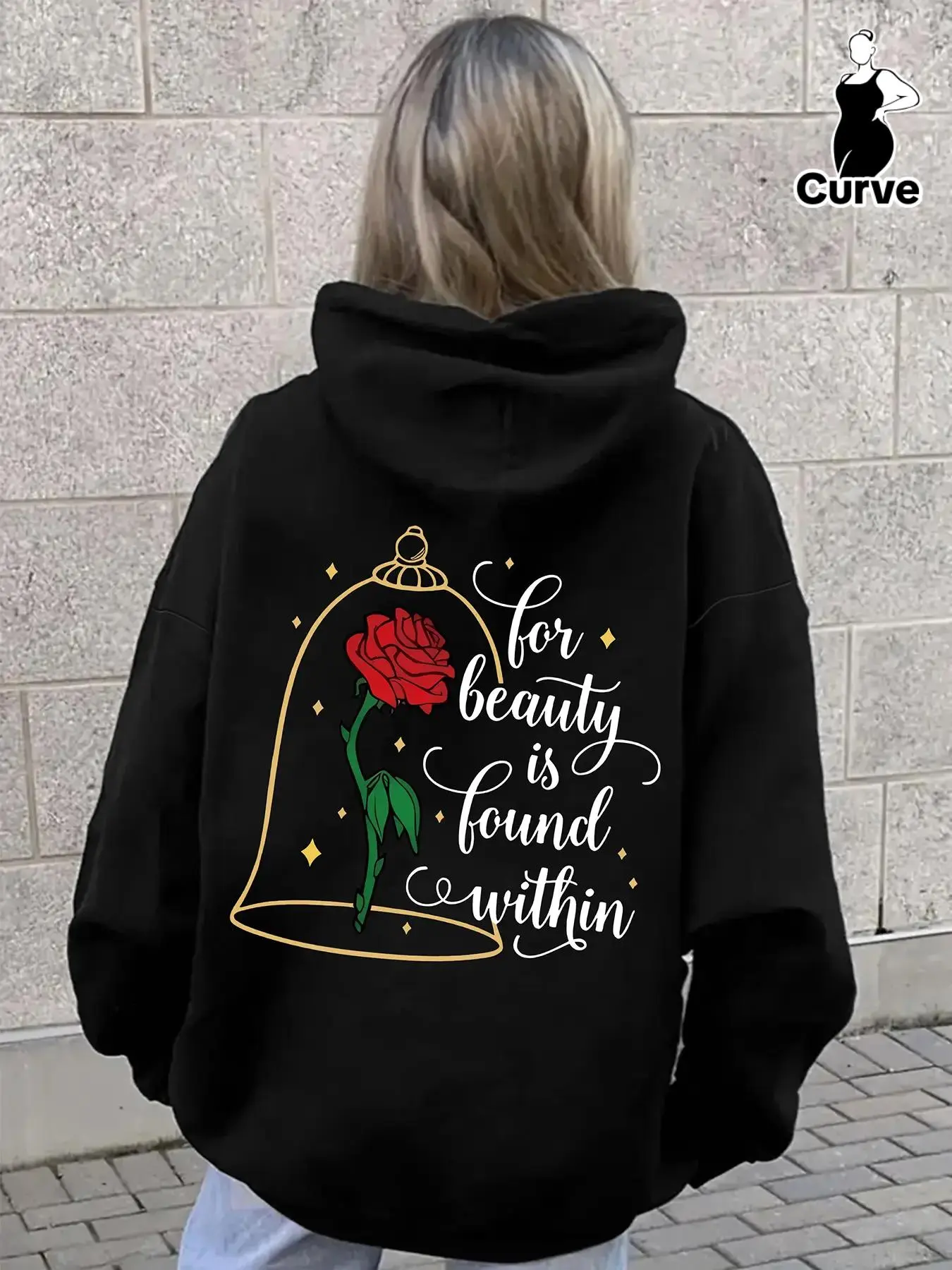 【Plus Size】 Floral & Letter Print Drop Shoulder Hoodie, Fashion Casual Drawstring Pocket Hooded Sweatshirt for Daily Holiday Outdoor Wear, Women Clothing for Fall & Winter