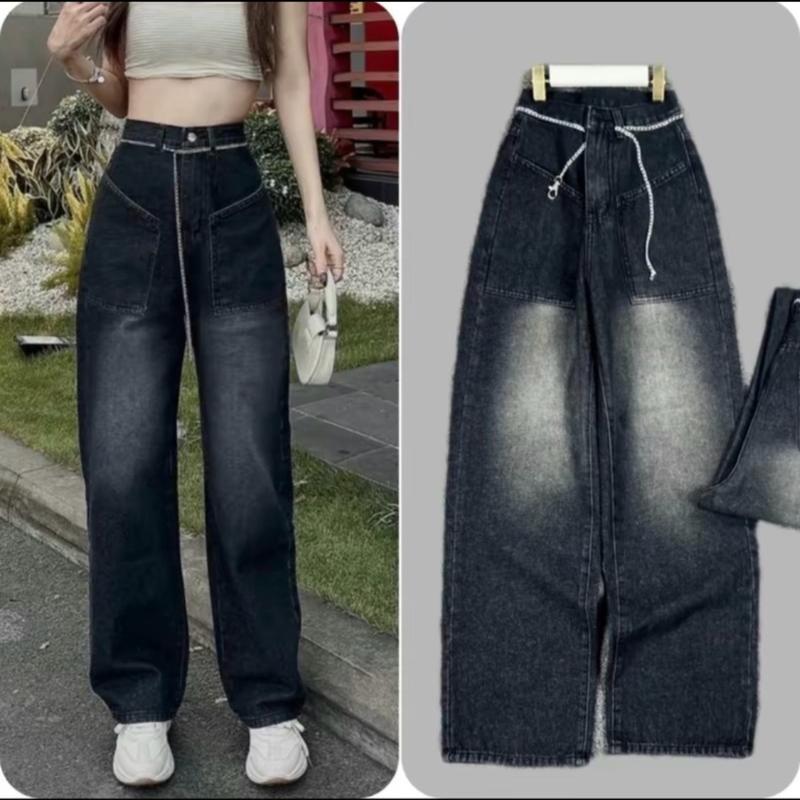 Quần jean nữ BN ống rộng suông túi tréo trước cạp cao X 5422 - Dáng xuông dài 103 cm, cạp cao, túi chéo, màu đen nhám, size S - Pants