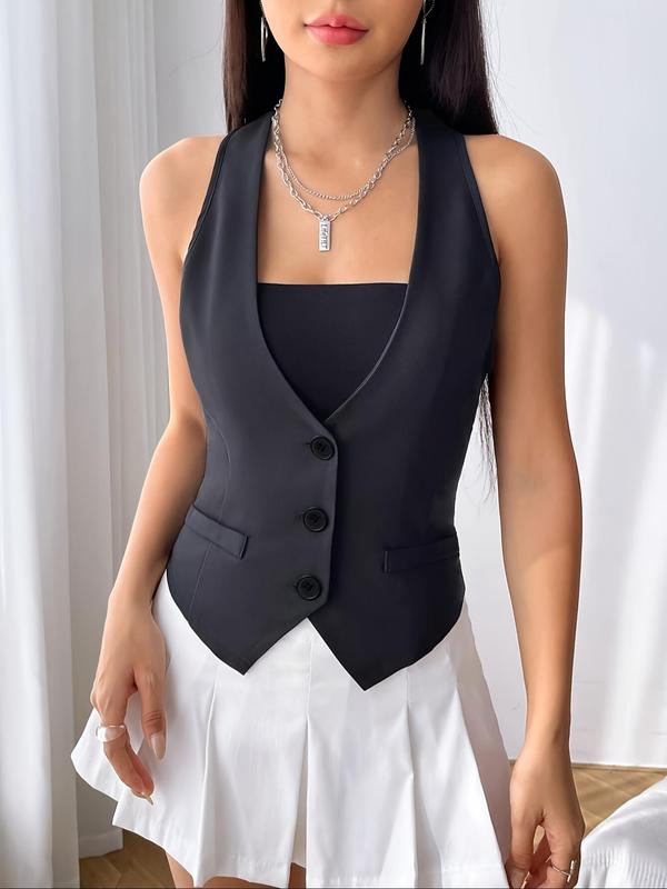 Women's Solid Backless Button Front Vest Jacket, Casual V Neck Sleeveless Outerwear for Spring & Fall, Ladies Clothes for Daily Wear 4