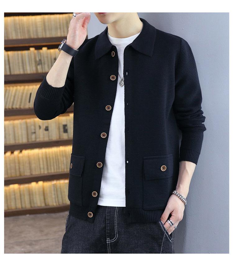 Product Introduction of Spring and Autumn Lapel Knitted Cardigan Men's Coat Trendy Casual Belt Button Solid Color Outerwear Sweater Men's Line Clothes Nam 26