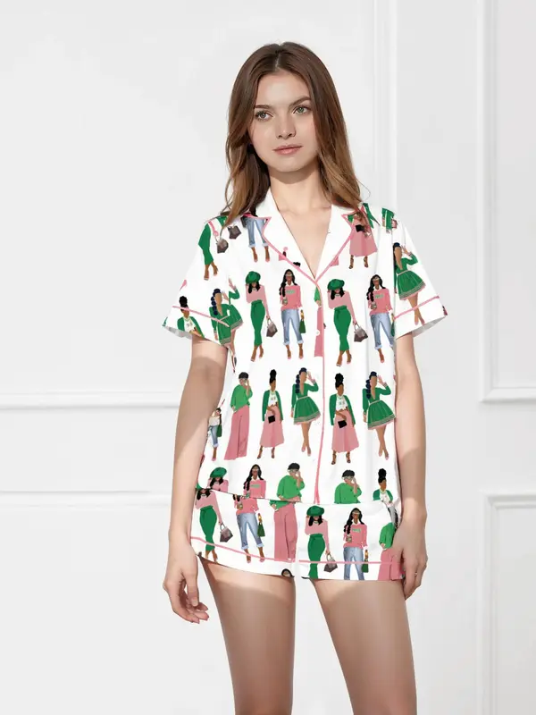 Women's All Over Print Short Sleeve Satin Pajama Two-piece Set, Elegant Casual Comfy Button Front Lapel Neck Top & Elastic Waist Shorts PJ Set, Ladies Sleepwear for Summer 3
