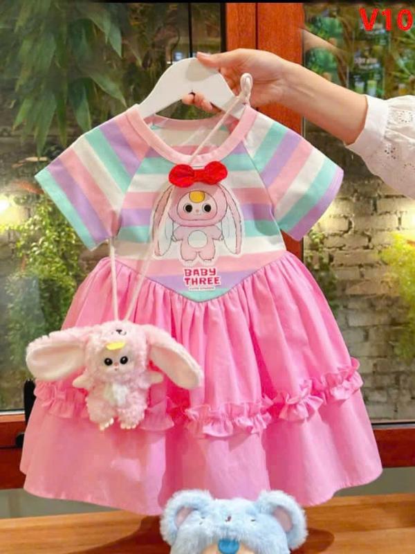 10- 30 kg Váy bé gái hoạ tiết baby three hot hít tay bào. 2màu tím hồng, đầm cho bé gái dáng xuông váy nhung 2