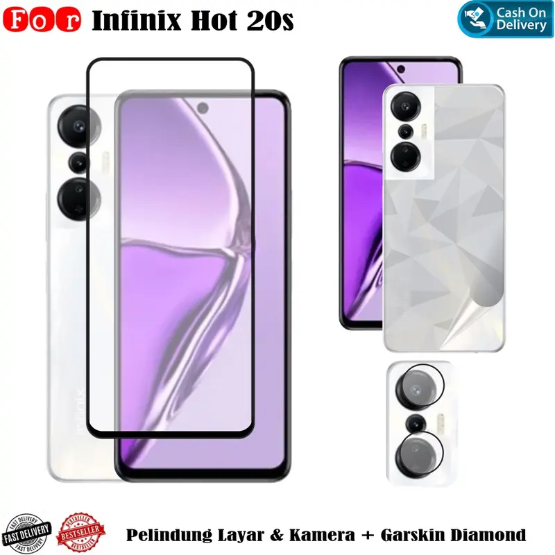 Paket 3in1 Tempered Glass Infinix Hot 20s Anti Gores Pelindung Layar dan Kamera Free Garskin 1