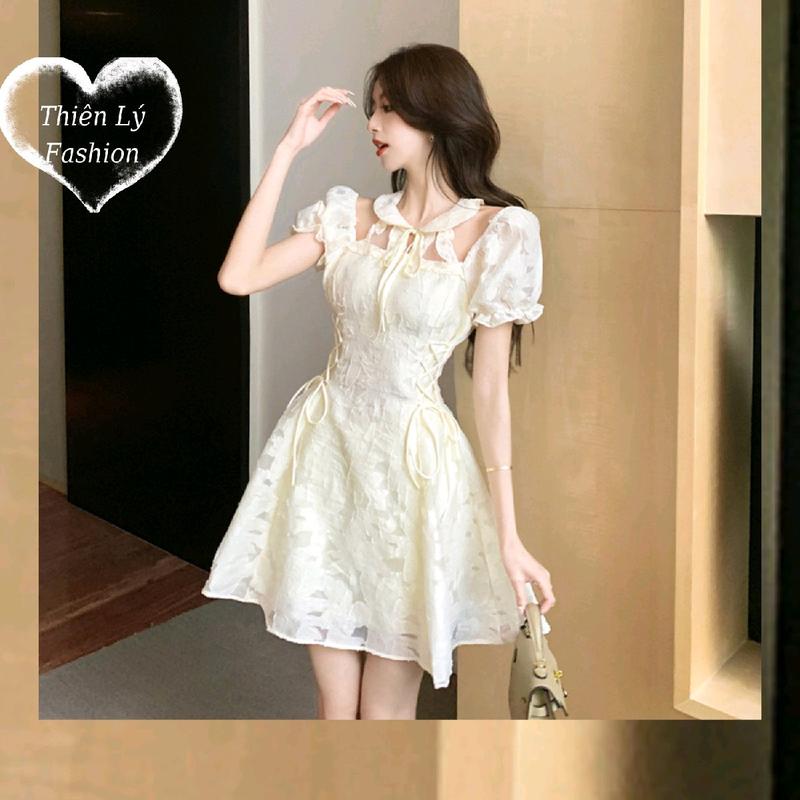 Váy Tiểu Thư Tay Bồng Thắt Eo Đầm Xinh Dự Tiệc Tơ Ép Hoa Nổi Chỉnh Phẩm - [TLV3] Thiên Lý Fashion - nữ kem