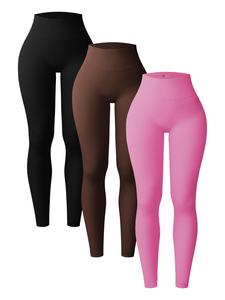 Sporty Women's 3pcs Solid Color High Waist Sports Leggings, High Stretch Seamless Skin Friendly Yoga Leggings, Summer Outfits 2024, Ladies Sportswear for Indoor Outdoor Wear