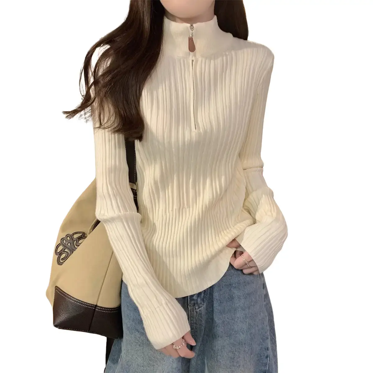 Áo Len Dệt Kim Bên Trong Cao Cấp, Cổ Lọ Zip-Up Thanh Lịch, Dài Tay, Dành Cho Nữ, Thiết Kế Đẹp, Áo Mặc Trong Hợp Xu hướng Thích Hợp Cho Mùa Thu Và Mùa Đông Top