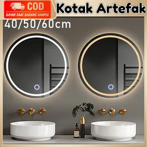 Cermin Rias Led Bulat Dinding Kamar Mandi Aesthetic Dengan Sentuh Tombol Kaca Make Up Dinding Wastafel Diameter 40/50/60Cm