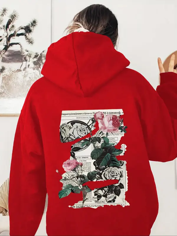 Women's Floral & Newspaper Print Drop Shoulder Hoodie, Fashion Casual Drawstring Pocket Hooded Sweatshirt for Daily Holiday Outdoor Wear, Women Clothes for Fall & Winter 1