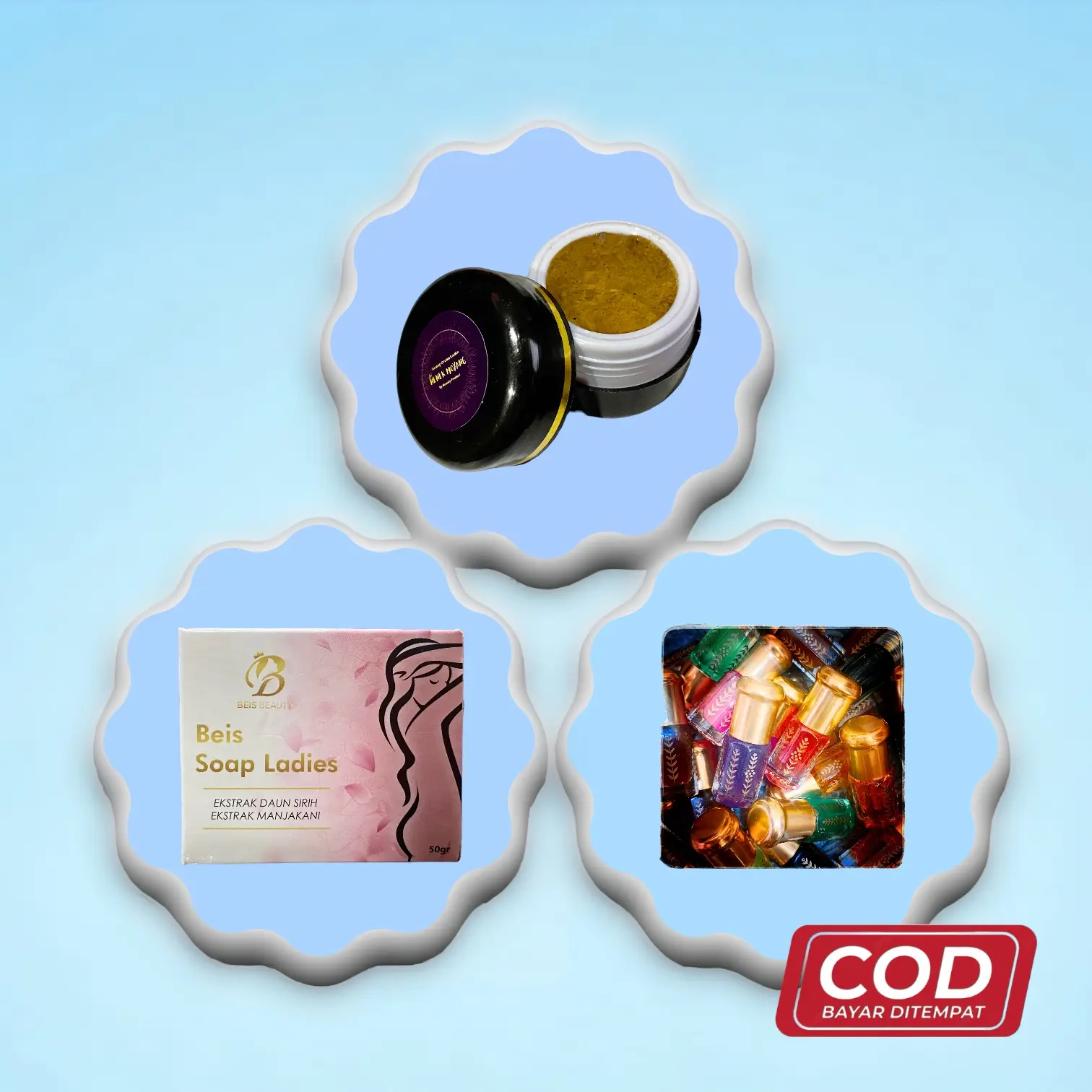 Paket 3 in 1 Termurah. Beis Soap Ladies, Mieesk Ladies, & Cream Ladies. 1 pcs Sabun, 1 pcs Cream, & 1 pcs Mieesk.