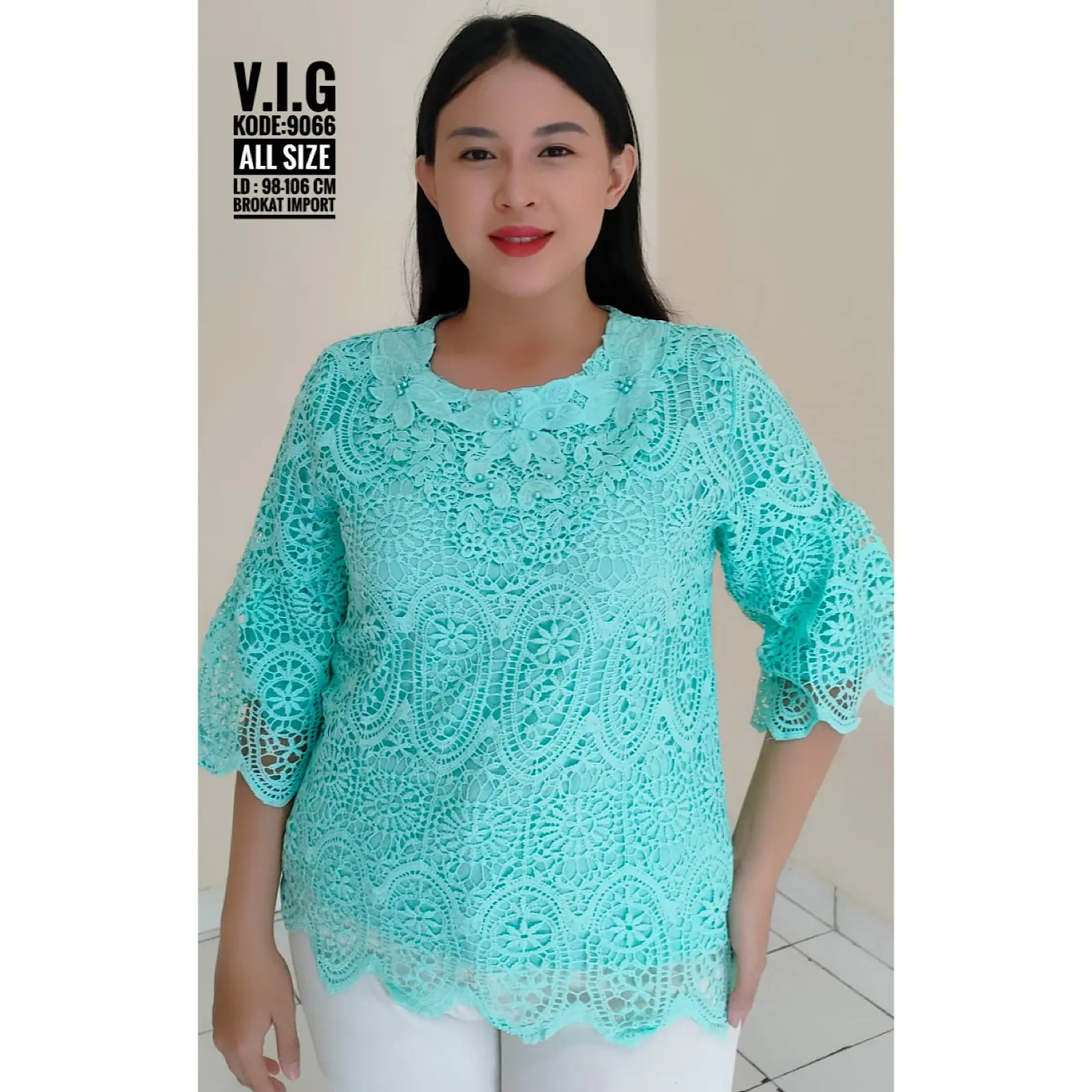 KLV Atasan Blus Brokat Wanita Import Renda Lengan Terompet - 9066