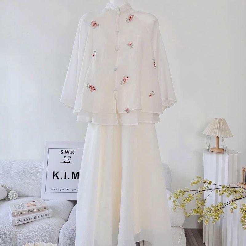 Kim Clothing - Set áo tơ xốp mềm thêu hoa áo cách tân form xoè tay lỡ gài nút bọc + chân váy xoè dài lưng thun bồng bềnh