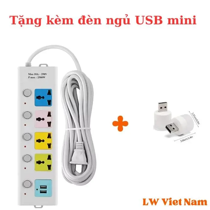 Ổ cắm điện đa năng thông minh 2M kèm 2 cổng sạc USB đa năng và 4 lỗ cắm dài 2M, Dây Cáp Dày Chất Lượng Cao 100%
