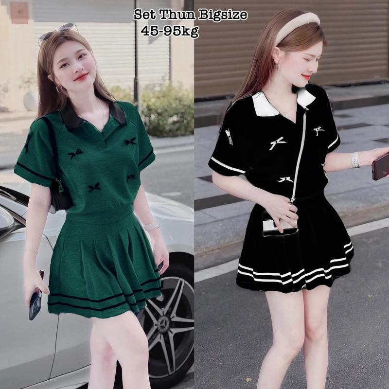 Thời Trang Bigsize - Set Áo Cổ Bẻ Nơ Nổi Mix Chân Váy Xếp Ly Có Lót Trong Vải Thun Tăm Hot Hit Nữ Cao Cấp Xinh Đẹp Sang Chảnh Dễ Thương Giá Rẻ 40-95kg Én Nhỏ Có Bigsize Nhung Kem Voi Women Xanh - 2265