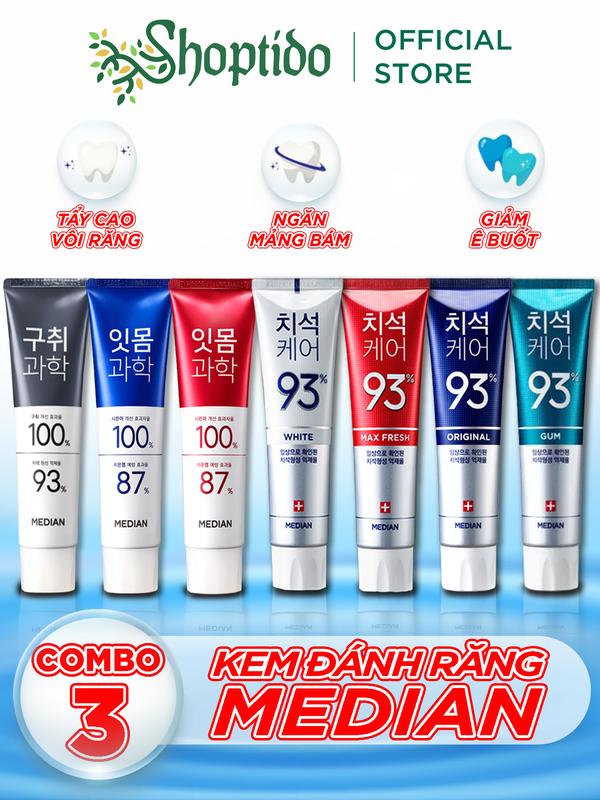 Combo 3 hộp kem đánh răng Median Dental IQ 93% bán chạy số 1 Hàn Quốc làm trắng răng, giảm ê buốt 120g Shoptido