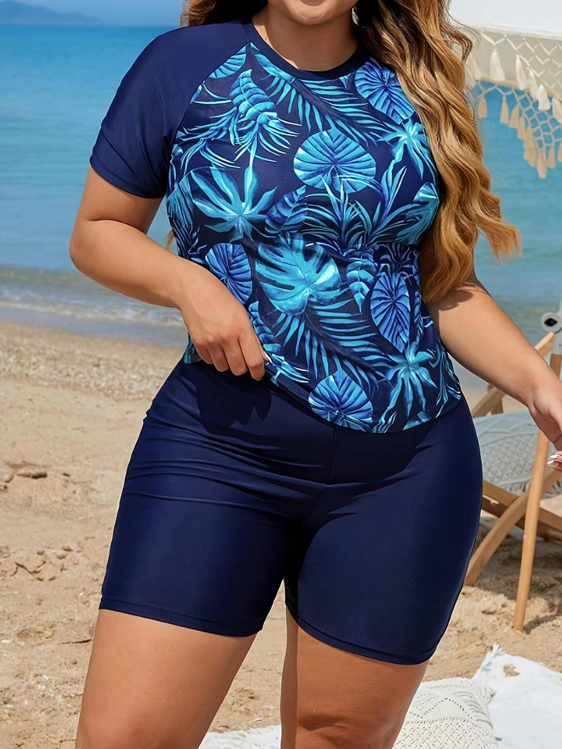 Product Introduction of 【Plus Size】 Tropical Print Tankini Set, Casual Raglan Sleeve Round Neck Swim Top & Swim Shorts, Women's Two-Piece Swimsuit for Beach Holiday Vacation 1