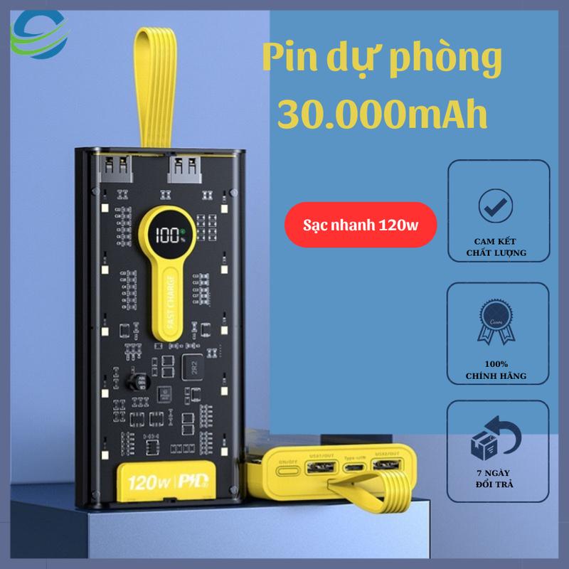 Sạc Pin Dự Phòng Trong Suốt 30000 mAh Với Cổng Sạc Nhanh 22,5w tên PD120W Nâng cấp sạc nhanh hơn bản PD66W Kèm 4 Đầu Sạc Màn Hình Ô LED Trong Suốt, Có Đèn Led 10 bóng