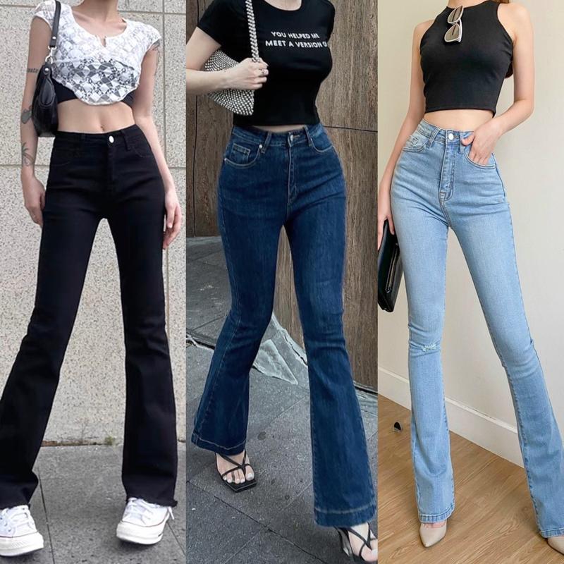 Quần Jean Ống Loe BigSize Đủ Màu Đen Tuyền Xanh Đậm Xanh Nhạt Lưng Cao Co Dãn Mạnh Ống Bát Dài 103cm 4212 4316 Nữ Pants Denim Ống Loe Women Ong quầnloe đenkhói loe rách gối quần ống loe girl phố