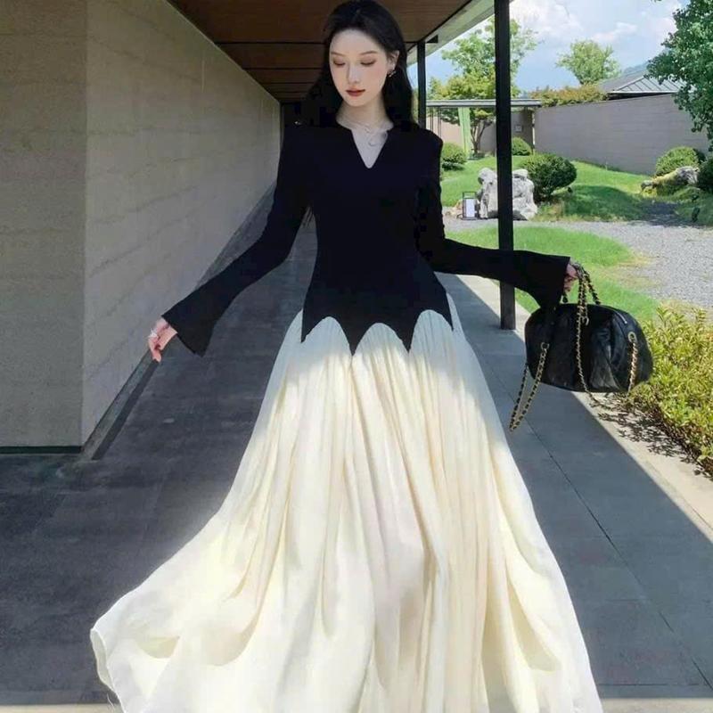 Hàng thiết kế- Đầm nữ dự tiệc thiết kế áo cổ V tay dài, chân váy tùng xòe nhẹ nhàng sáng trọng đầm  slay  ăn  cưới  che  bắp  tay váy  dự  tiệc  đám  cưới  dài  tay