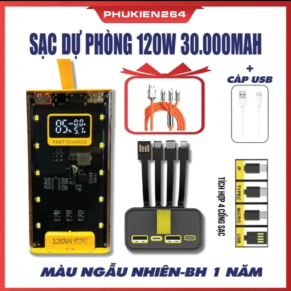 ( Tặng cáp sạc nhanh ) Sạc Dự Phòng 30.000mah trong suốt có 4 dây sạc liền sac pind