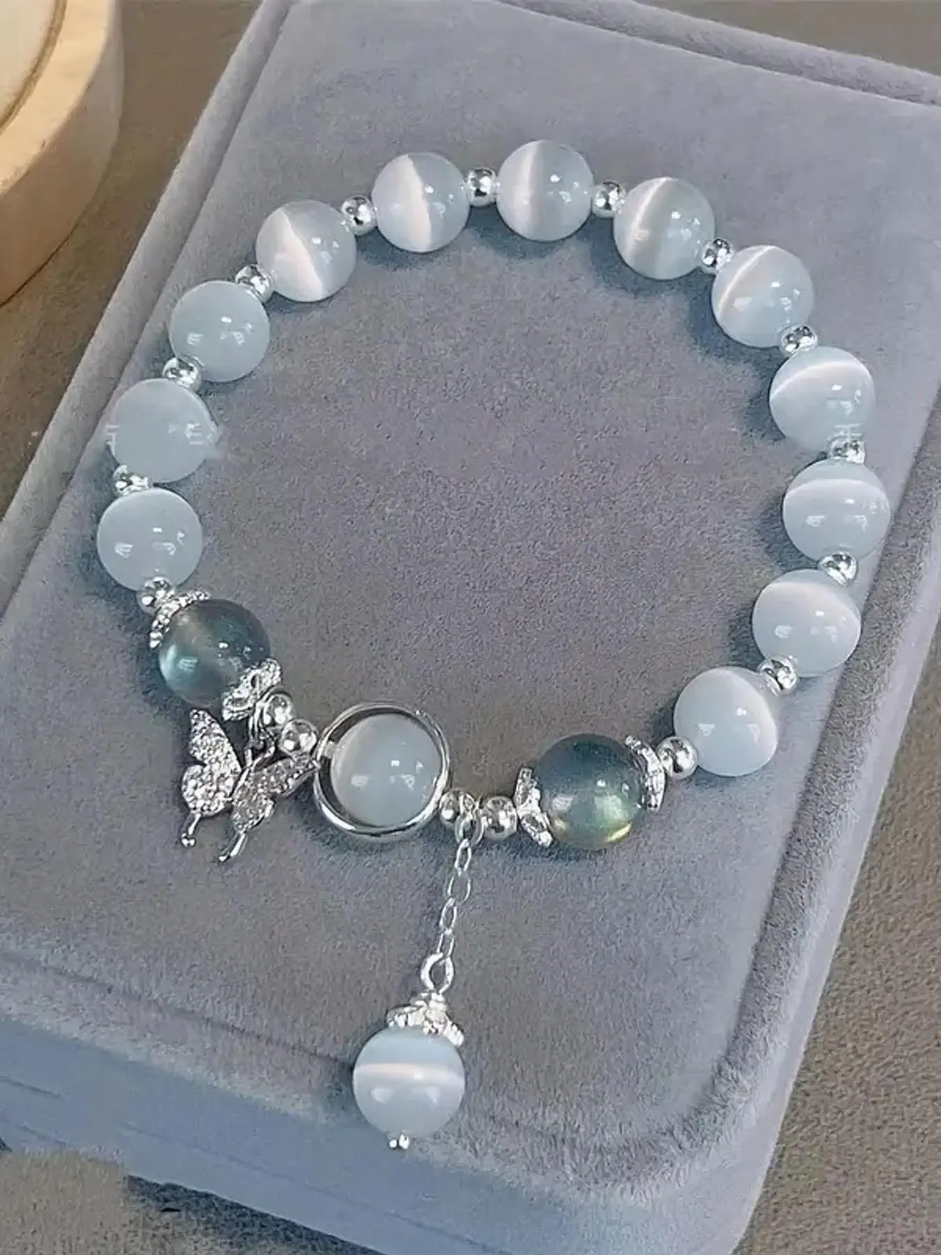 Vintage Craft Stone Butterfly Charm Beaded Bracelet, Sweet Fashion Accessories for Women & Girls, Trendy All-match Accessories, Creative Holiday Gifts, Gifts for Wife