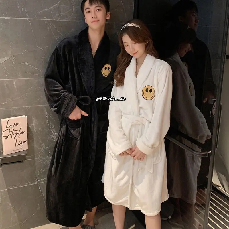 Coral Velvet Night-Robe Women's Autumn and Winter Long Thick Cute Smiley Face Bathrobe Pajamas Couple Wear Home Wear Can Be Worn outside