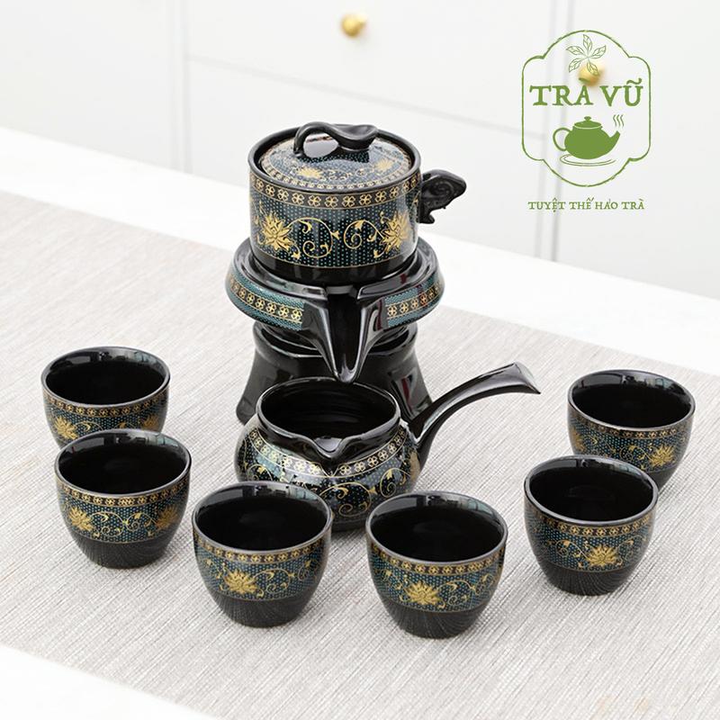 Bộ ấm chén uống trà cối xay 9 món men sáng bóng hoạ tiết xanh đen