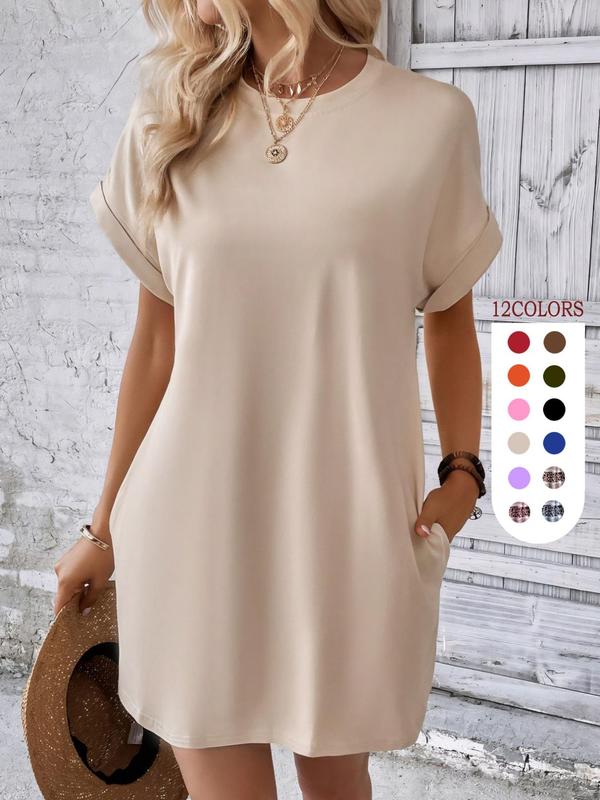 Women's Plain Pocket Round Neck Tunic Dress, The Red Dress, Summer Dresses 2024, Boho Batwing Sleeve Short Sleeve Dress, City Chic Dress UK, Holiday Dresses, Women's Clothing for Beach Vacation, Minimalistic Outfit, Wedding Guest Dress 5