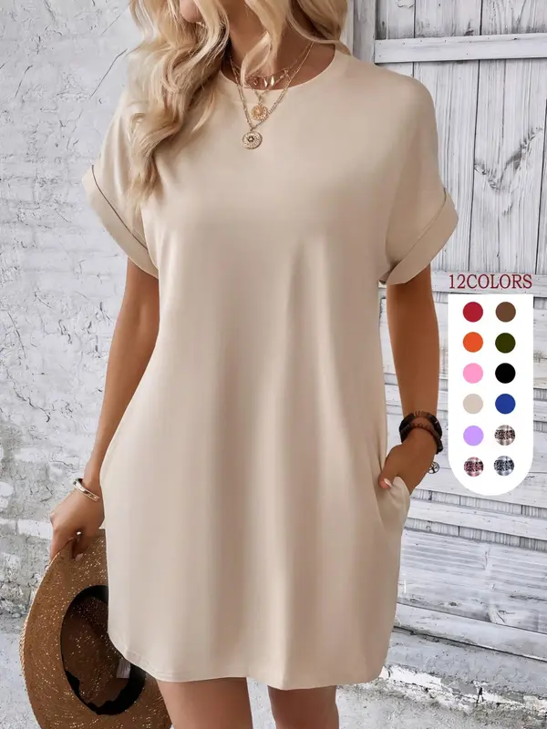 Women's Plain Pocket Round Neck Tunic Dress, The Red Dress, Summer Dresses 2024, Boho Batwing Sleeve Short Sleeve Dress, City Chic Dress UK, Holiday Dresses, Women's Clothing for Beach Vacation, Minimalistic Outfit, Wedding Guest Dress 5