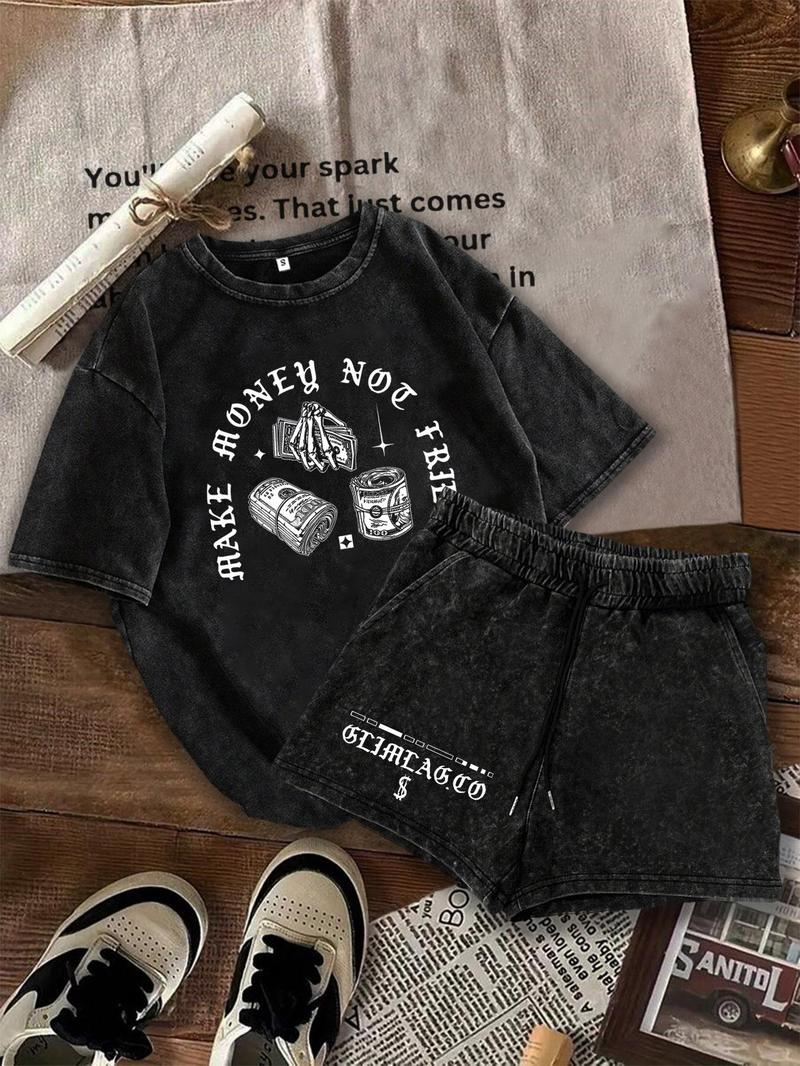Product Introduction of Two-Piece Set Women's Skeleton & Money Print Short Sleeve T-shirt & Shorts, Casual Fashion Round Neck Tee & Skinny Shorts for Daily Outdoor Wear, Ladies Summer Clothes, Suits 1