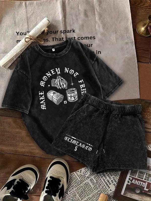 Two-Piece Set Women's Skeleton & Money Print Short Sleeve T-shirt & Shorts, Casual Fashion Round Neck Tee & Skinny Shorts for Daily Outdoor Wear, Ladies Summer Clothes, Suits 0