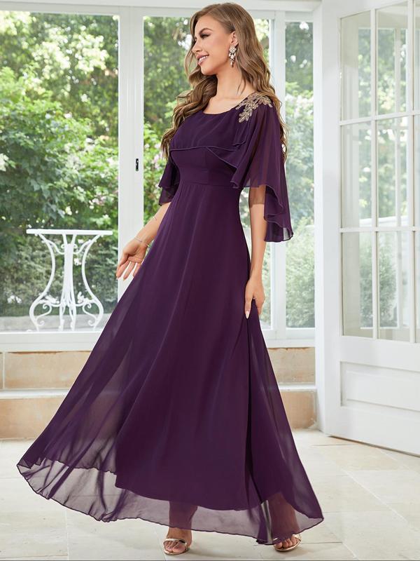 Women's Plain Cloak Sleeve Chiffon Evening Dress, Dresses Summer, Elegant Round Neck Half Sleeve Dress for Prom Wedding Guest, Ladies Summer Clothes 2