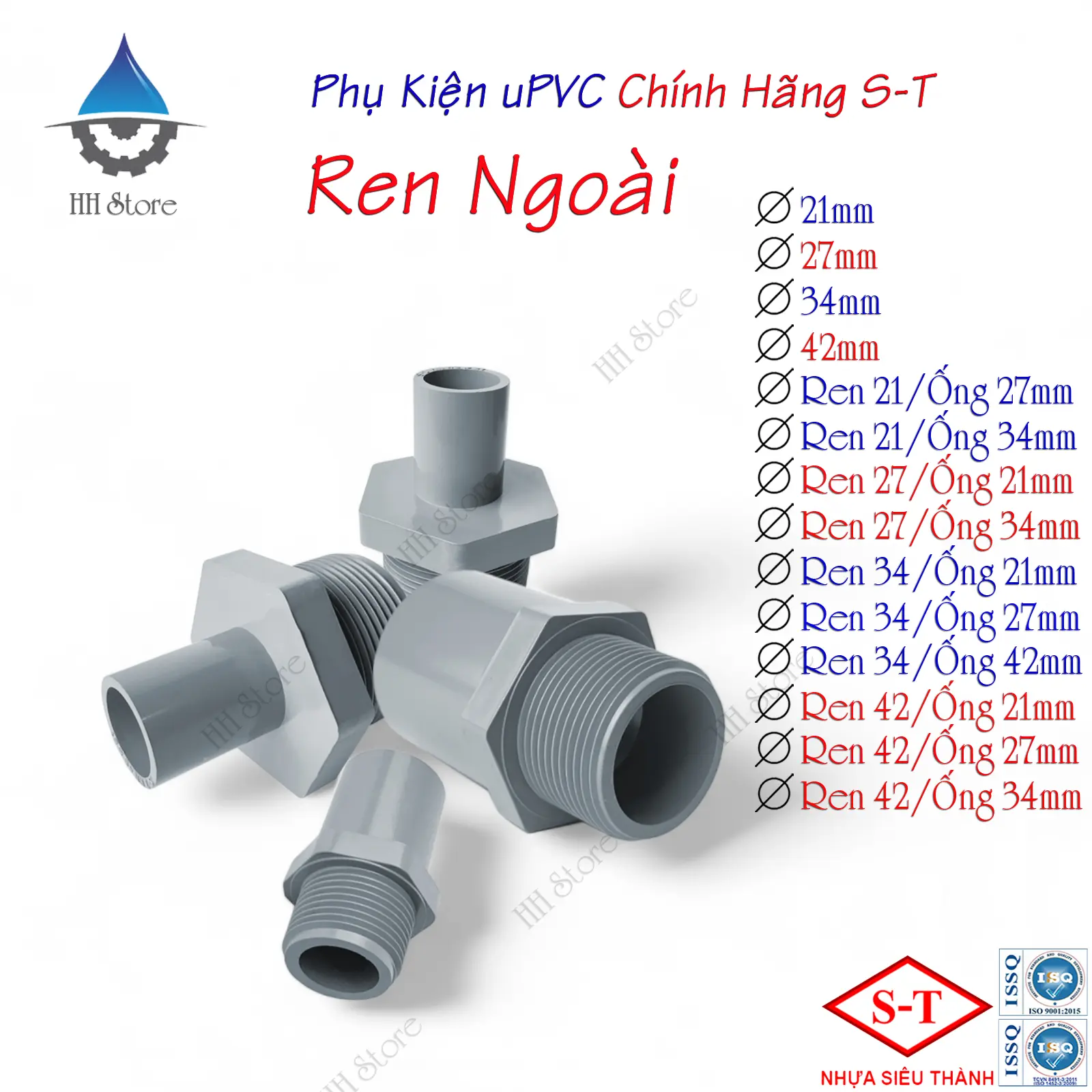 Ren Ngoài, Nối Răng Ngoài phi 21, 27, 34, 42, 21/27, 21/34, 27/21, 27/34, 34/21, 34/27, 34/42, 42/21, 42/27, 42/34mm.